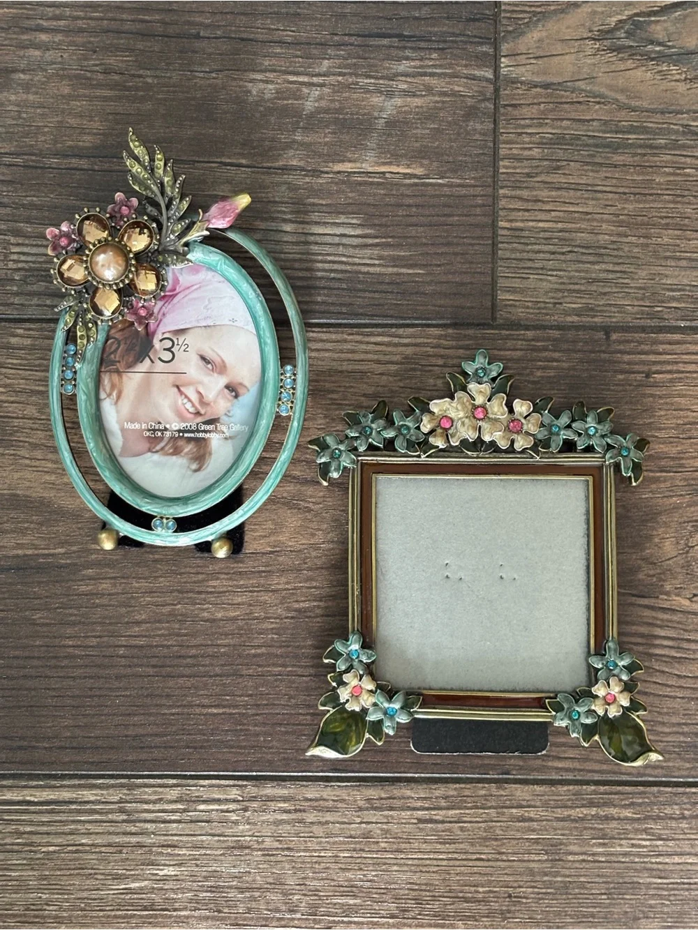 PAIR Of Beautiful Enameled Floral Rhinestone, Jeweled Metal Photo Frames
